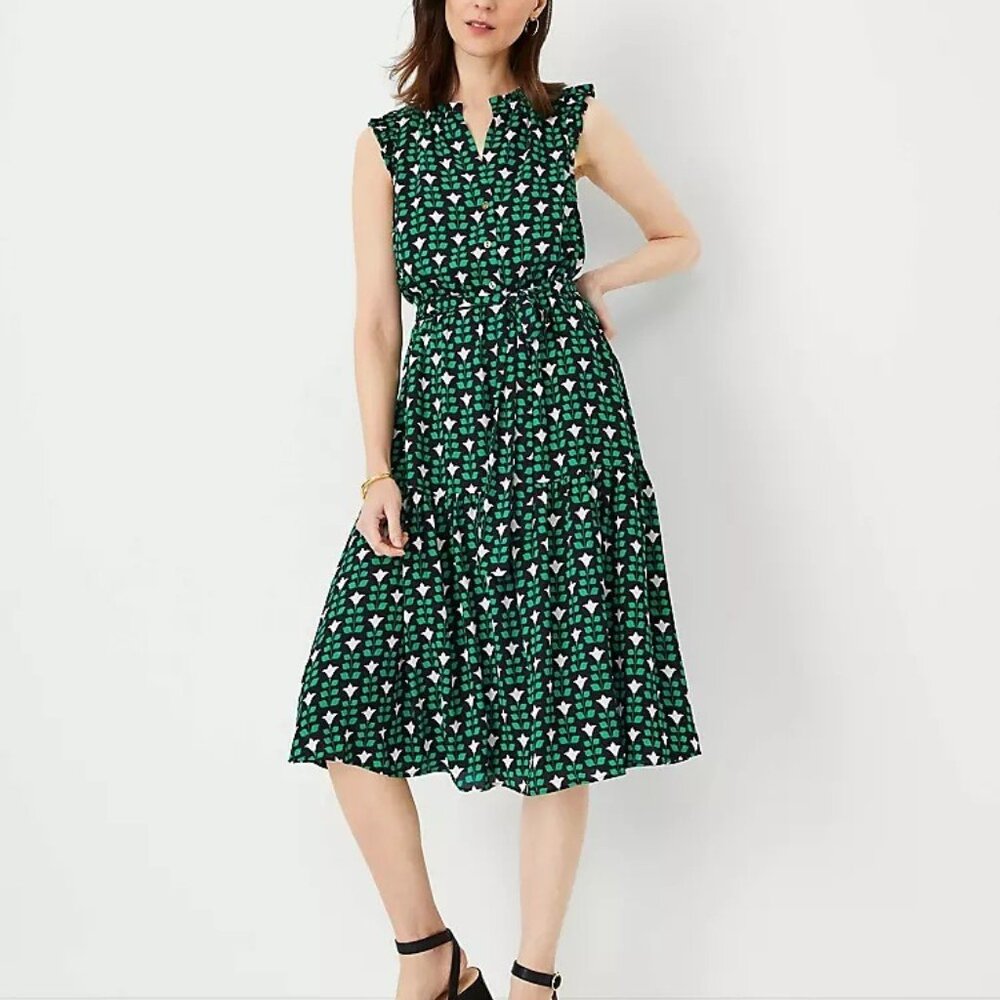 Ann Taylor Floral Tile Ruffle Belted Flare Dress